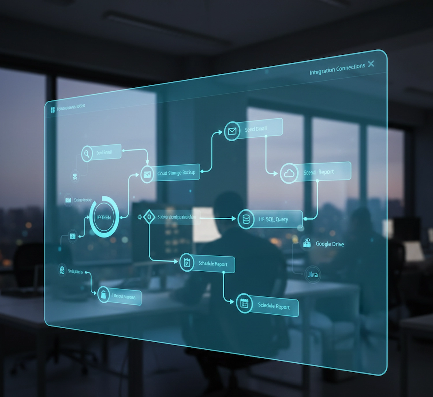 Visual workflow builder interface showing automated task sequences and integration connections